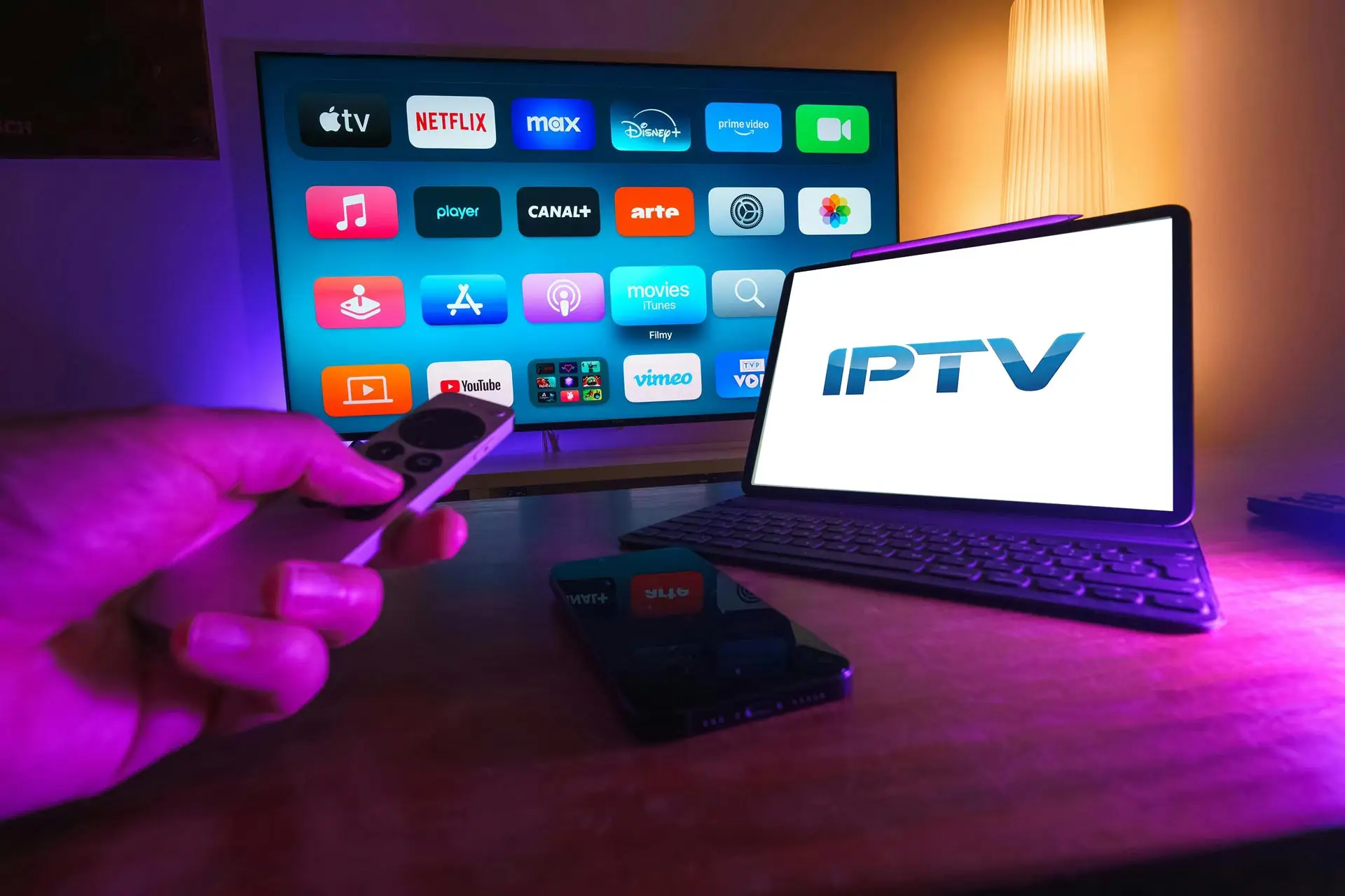 A modern Smart TV displaying a vibrant grid of countless TV channels available through an IPTV service